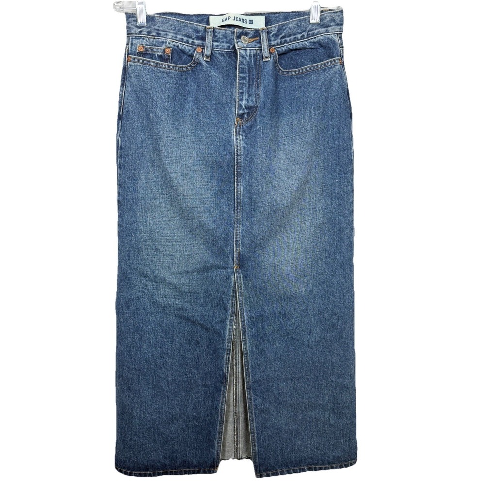 Vintage‎ Gap Denim Skirt Womens 6 Blue 100% Cotton Dark Wash Maxi Front Slit Y2K